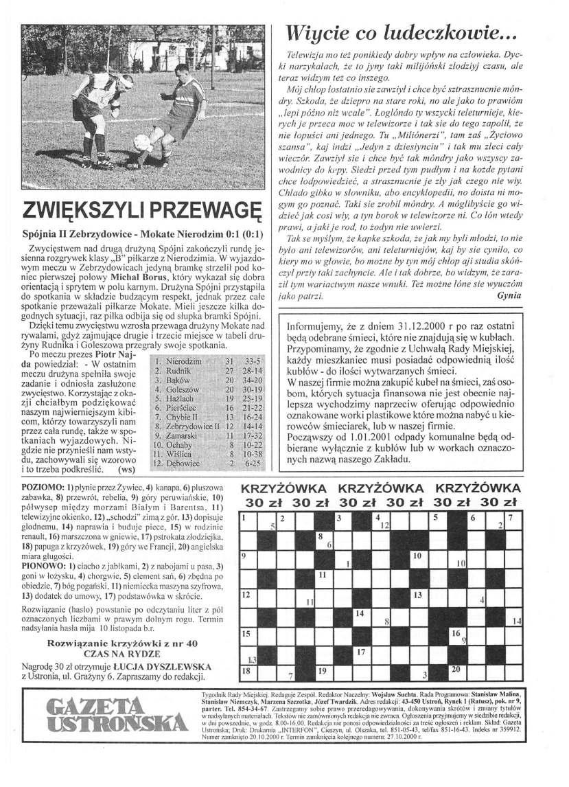 I Spójnia II Zebrzydowice Mokate Nierodzim 0:1 (0:1) Zwycięstwem nad drugą drużyną Spójni zakończyli rundę jesienna rozgrywek klasy B" piłkarze z Nierodzimia.