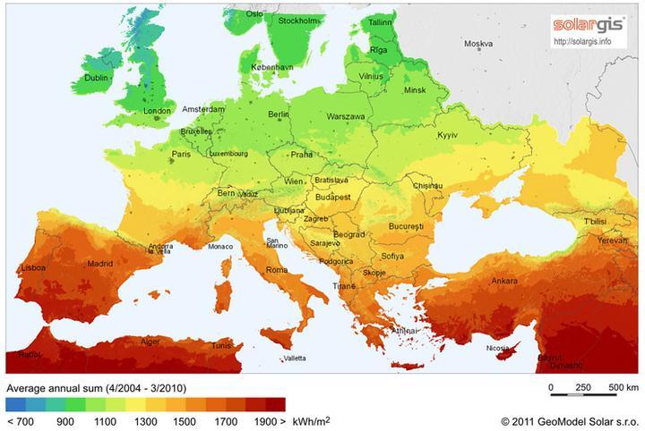 Rysunek 22. Potencjał wykorzystania energii słonecznej na terenie Europy (http://solargis.