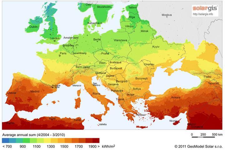 Rysunek 30. Potencjał wykorzystania energii słonecznej na terenie Europy (źródło: http://solargis.