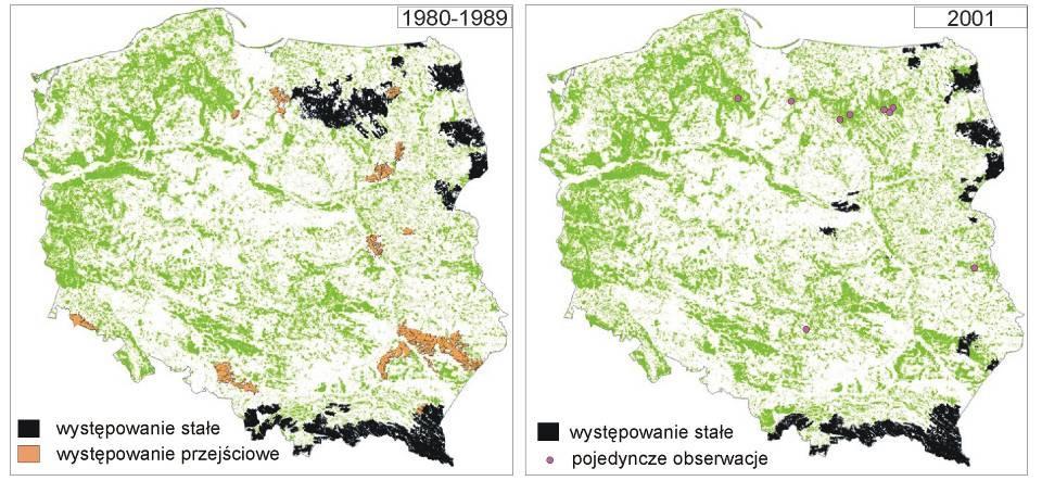 Zmiany zasięgu występowania rysia w Polsce w latach