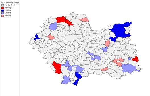 kolorem niebieskim oznaczono gminy o niskich wskaźnikach dla analizowanego obiektu i sąsiedztwa, kolorem błękitnym oznaczono gminy o niższym wskaźniku dla jej obszaru w stosunku do terenów sąsiednich