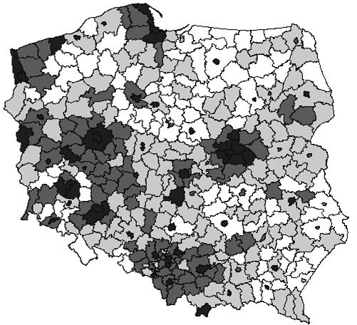Wpływ wyboru metody klasyfikacji na identyfikację zależności przestrzennych 30 Uzyskane wyniki wskazują statystyczną istotność zależności