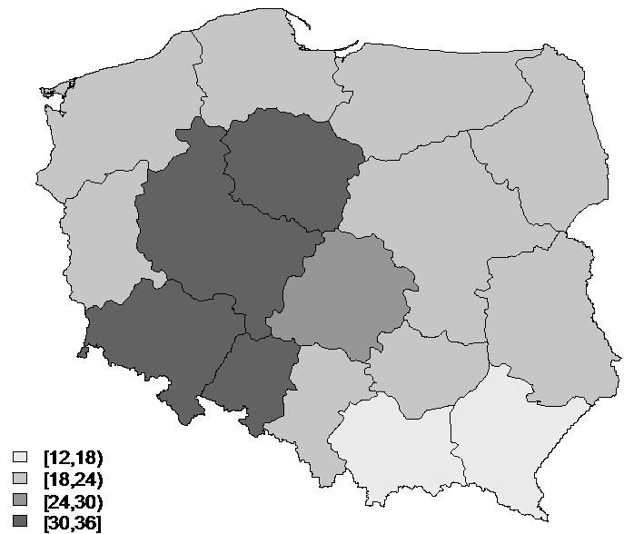 Use of fertilizers (in terms of pure ingredient) per 1 ha of agricultural land by provinces in 2008/2009 farming year na podstawie GUS base on GUS współczynniki korelacji oznacza to, że województwa