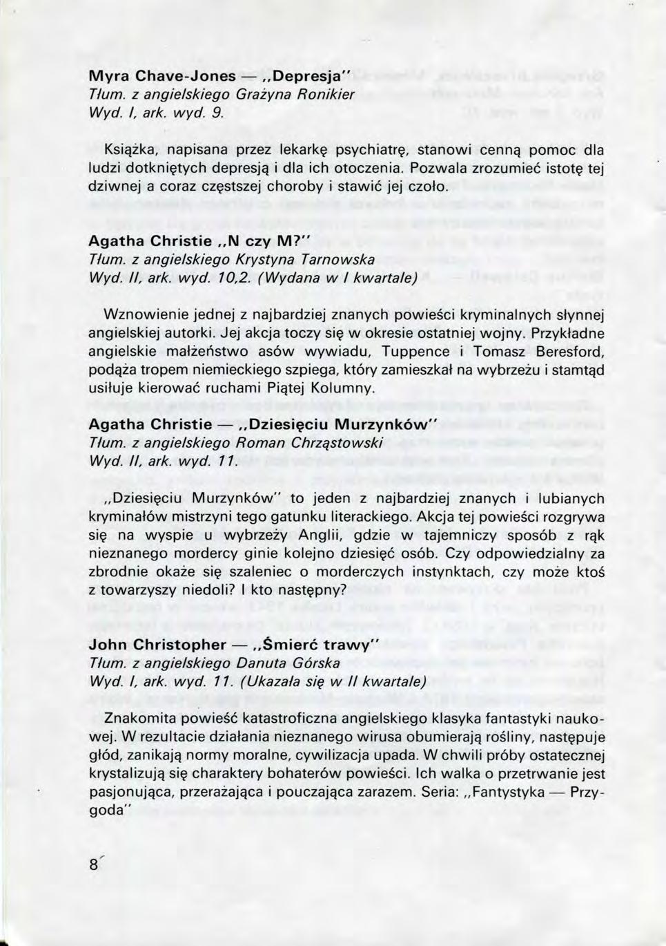 Myra Chave-Jones,,Depresja" Tium. z angielskiego Grazyna Ronikier Wyd. I, ark. wyd. 9.