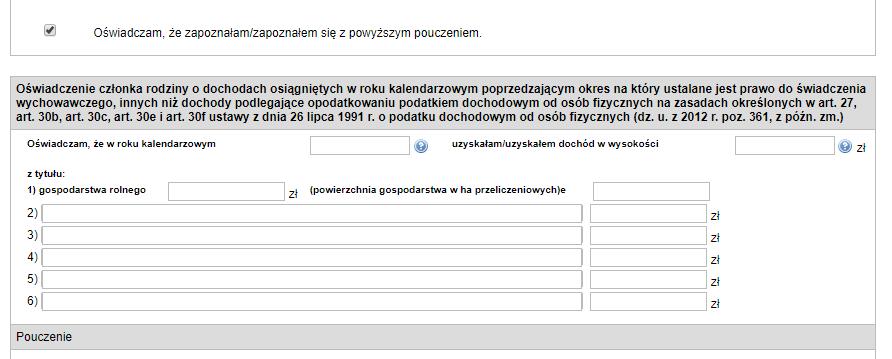 [27/33] epuap Po kolejnym przewinięciu ekranu w dół. W tym bloku wypełniamy oświadczenie o dochodach.