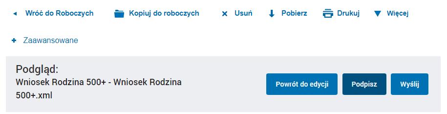 Wypełniony formularz wniosku Po przewinięciu ekranu w górę widzimy przycisk Podpisz Rysunek 68.