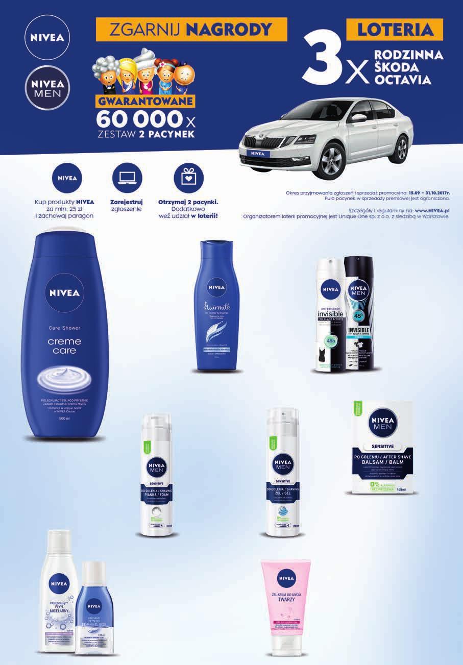 3,50 zł TANIEJ 11,49 7 99 Żel pod prysznic Nivea 500 ml, 15,98 zł / 1 l 4 zł TANIEJ 12,99 8 99 Szampon do włosów Nivea 400 ml, 22,48 zł / 1 l od 2 zł TANIEJ od 8,99 6 99 Dezodorant Antyperspirant