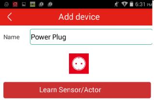 Nadaj nazwę wtyczce zasilania. Naciśnij przycisk Learn Sensor/ Actor.