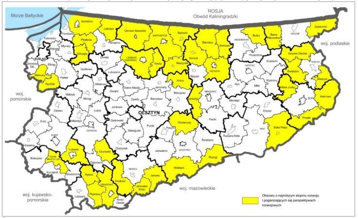 Ryc. 16.1 Obszary o najniższym stopniu rozwoju i pogarszających się perspektywach rozwojowych Źródło: Plan zagospodarowania przestrzennego województwa warmińsko-mazurskiego.
