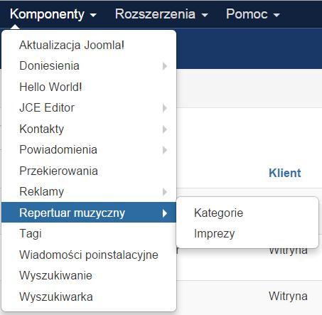 1.3. Panel administracyjny Po zainstalowaniu komponentu, można uzyskać do niego dostęp z menu komponenty (Rys. 1.2).