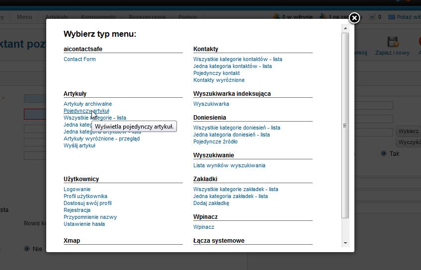 Po najechaniu myszką na konkretne menu rozwinie nam się opcja Utwórz pozycje menu. Klikamy w nią. System przeniesie nas do formularza dodawania pozycji menu.