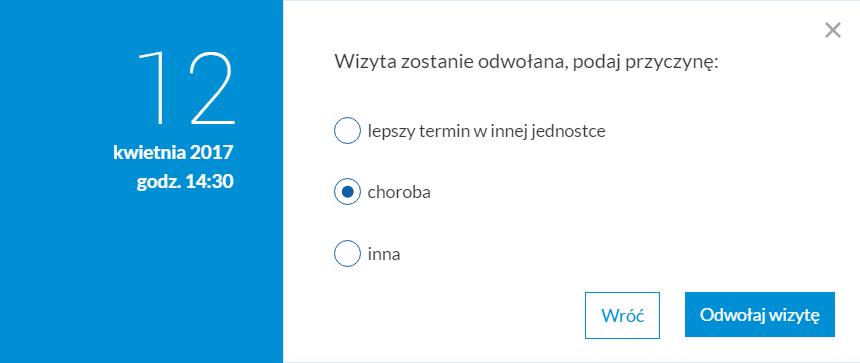 Aby odwołać wizytę, należy wejść na stronę E-Rejestracja i przy wybranej wizycie wybrać przycisk Odwołaj (Rysunek 16).