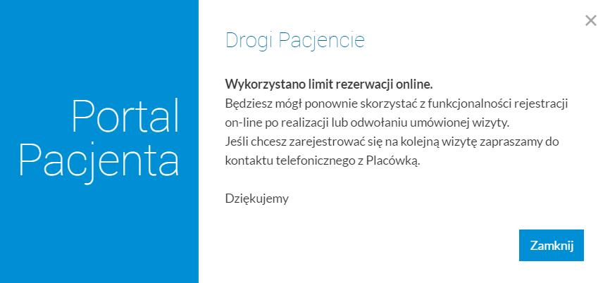 5.4 Wykorzystanie limitu rezerwacji online W przypadku rejestracji na konsultację powyżej przydzielonego limitu rezerwacji online wyświetli się komunikat o