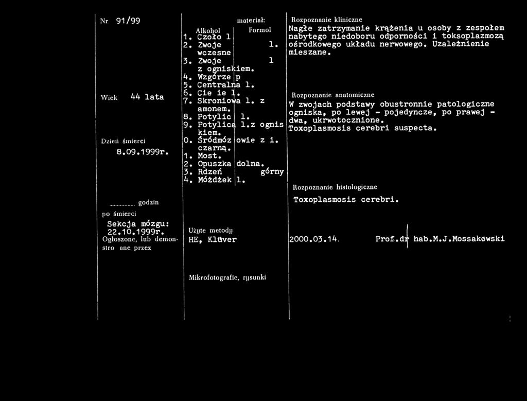 Nr 91/99 Nazwisko Wiek 44 lata Dzień śmierci 8.09.1999r. Sekcjonowany w godzin Alkohol Formol 1 Czoło 1 2. Zwoje podstawy 1. wczesne 3. Zwoje podstawy 1 z ogniskiem. 4. Wzgórze p 5. Centralna 1. 6.
