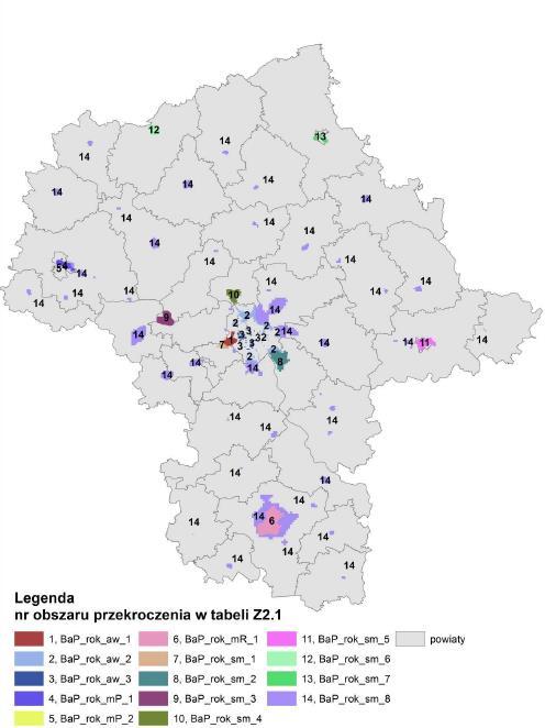 Rysunek 1-5 Obszary przekroczeń średnich stężeń B(a)P (źródło: Roczna ocena jakości powietrza w województwie mazowieckim raport za 2015 rok) Na terenie województwa mazowieckiego zostały wydzielone 4