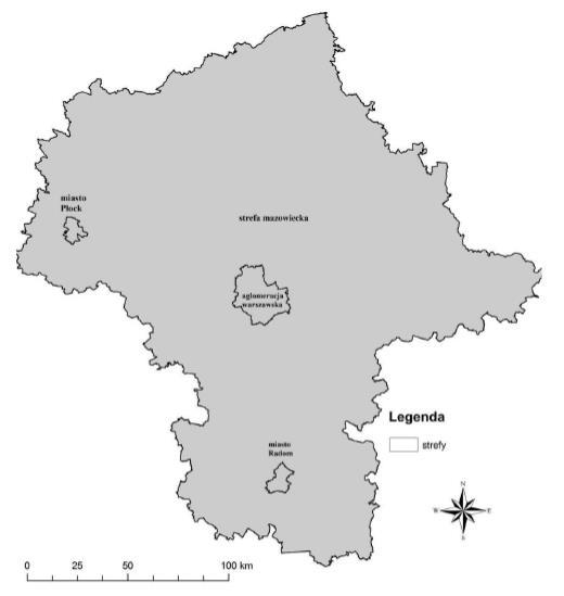 Rysunek 1-6 Strefy w województwie mazowieckim, dla których dokonano ocenę jakości powietrza (źródło: Roczna ocena jakości powietrza w województwie mazowieckim raport za rok 2015) Dla wszystkich
