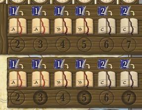 Umieść po jednej na każdym z sześciu pól toru rund. 1-4 W grze 3-osobowej: weź 9 monet o wartości 1. Umieść stos dwóch monet na polach 2., 4., i 6. toru rund. Następnie połóż 1 monetę na polach 3.