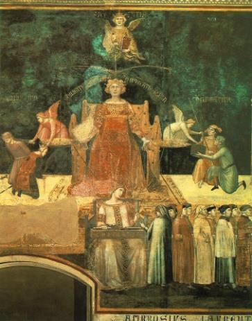 b) W 1328 na przeciwległej ścianie portret wodza wojsk sieneńskich, pogromcy Florencji kondotiera Guidoriccio da Fogliano de'ricci.
