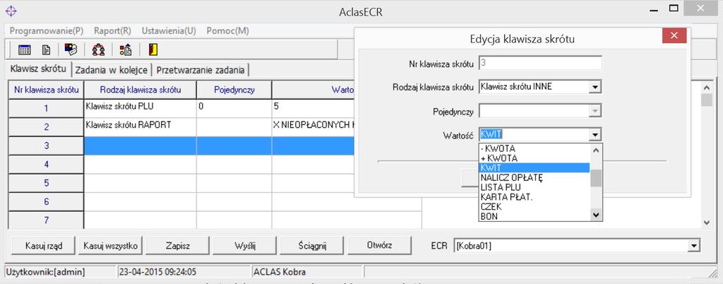 Raporty Dla wykonania operacji w menu Raporty kasa musi być skomunikowana z programem AclasECR.