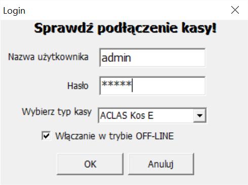 Jeżeli nie wybrano Włączanie w trybie OFF-LINE program automatycznie rozpocznie poszukiwanie portu, na którym kasa jest