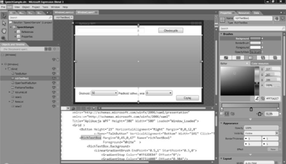 TextBox do wyświetlania ścieżki dostępu do pliku oraz MediaElement o nazwie VideoControl i odpowiednich