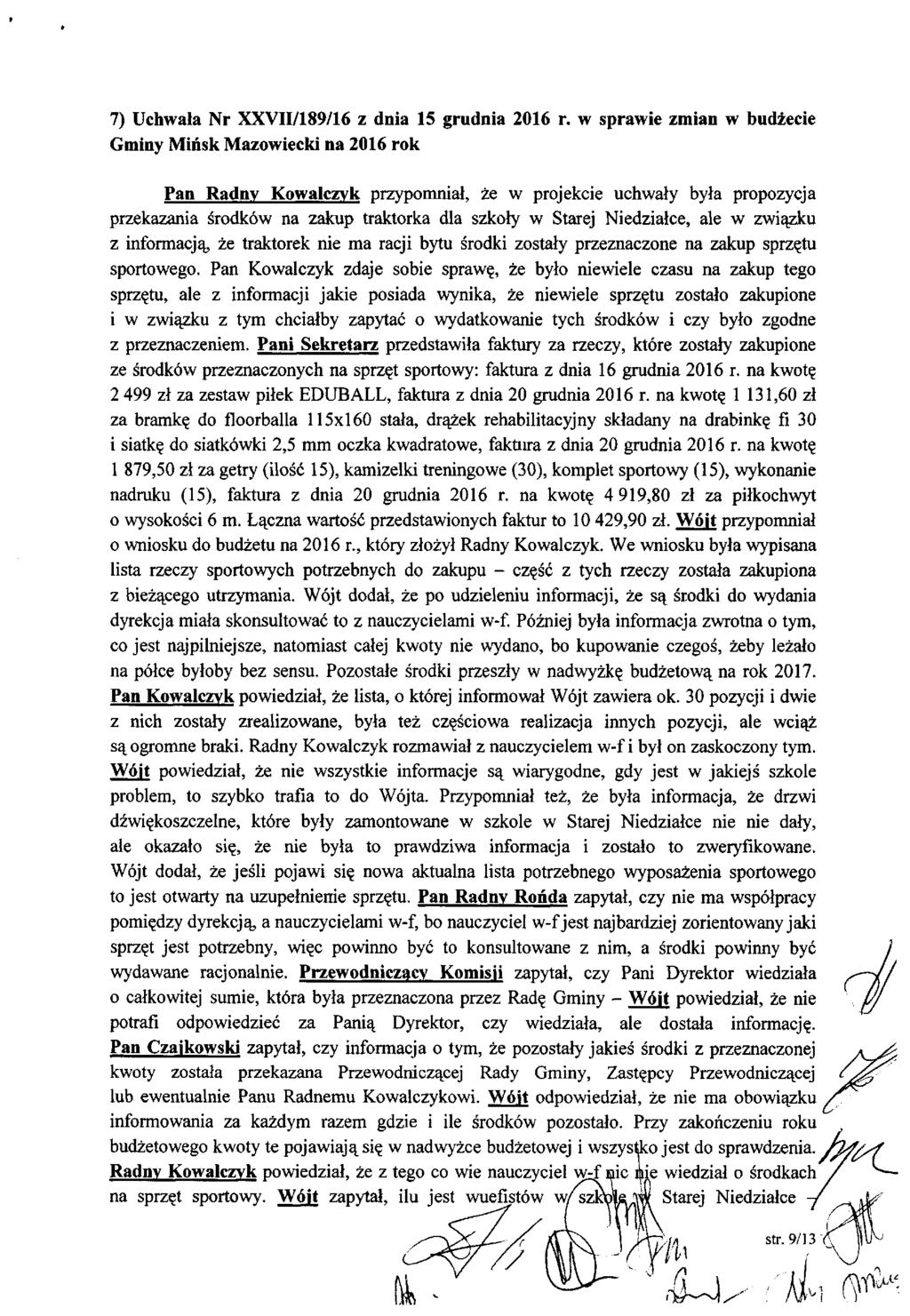 7) Uchwała Nr XXVII/189/16 z dnia 15 grudnia 2016 r.