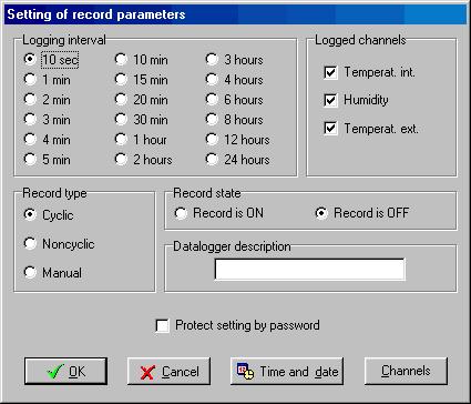 8. Sekcja (Logged channels) podaje które parametry mierzone bêd¹ rejestrowane w pamiêci przy w³¹czonym zapisie: - Temperat. int. Temperatura mierzona czujnikiem wbudowanym.