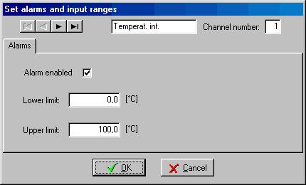 Otworzy siê okno (Set alarms and input ranges) w którym mo na wpisaæ ustawienia wartoœci alarmów dla wszystkich kana³ów pomarowych.