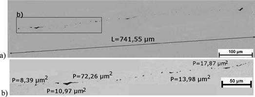 467 5. Conclusions Fig. 12. Remains of the defect 2 after rolling in the 3 rd groove: a) general view of the defect, magnification of 50x; b) parts of the defect, magnification 200x Fig. 13.
