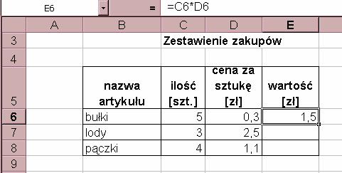 28. Wskaż zdanie nieprawdziwe: (dotyczy rysunku poniżej) a. W komórce E6 został obliczony iloczyn liczb znajdujących się w komórkach C6 i D6 b. Po skopiowaniu z E6 do E7 formuła ma postać: =C7*D7 c.