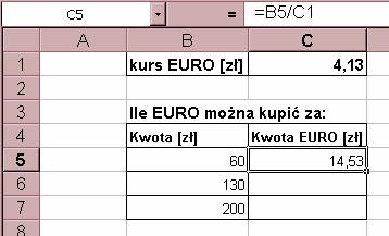 32. Wskaż zdanie prawdziwe: (dotyczy rysunku poniżej) a. Po skopiowaniu formuły z C5 do C6 arkusz obliczy: ile Euro można kupić za 130 zł. b.