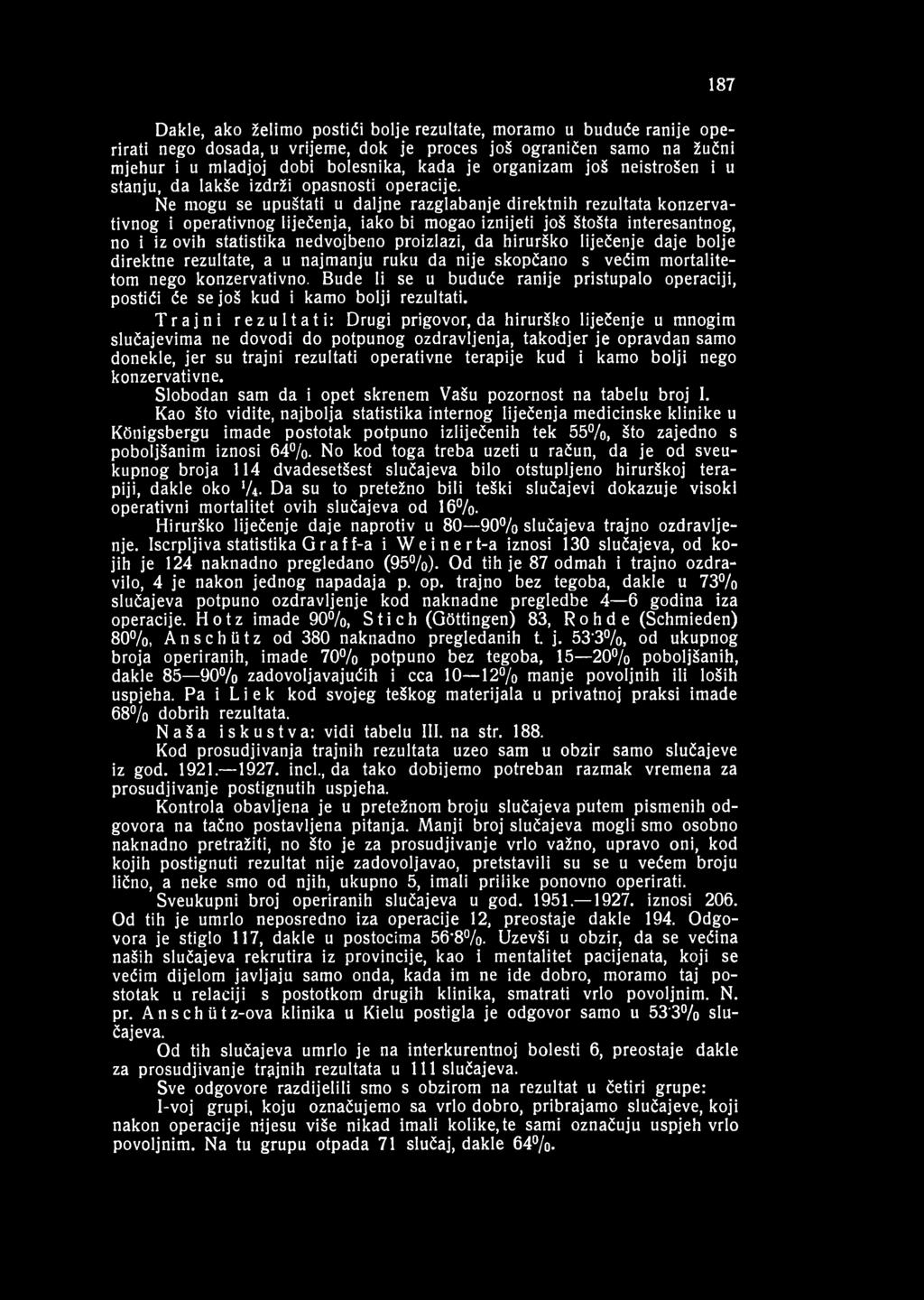 187 Dakle, ako želimo postići bolje rezultate, moramo u buduće ranije operirati nego dosada, u vrijeme, dok je proces još ograničen samo na žučni mjehur i u mladjoj dobi bolesnika, kada je organizam