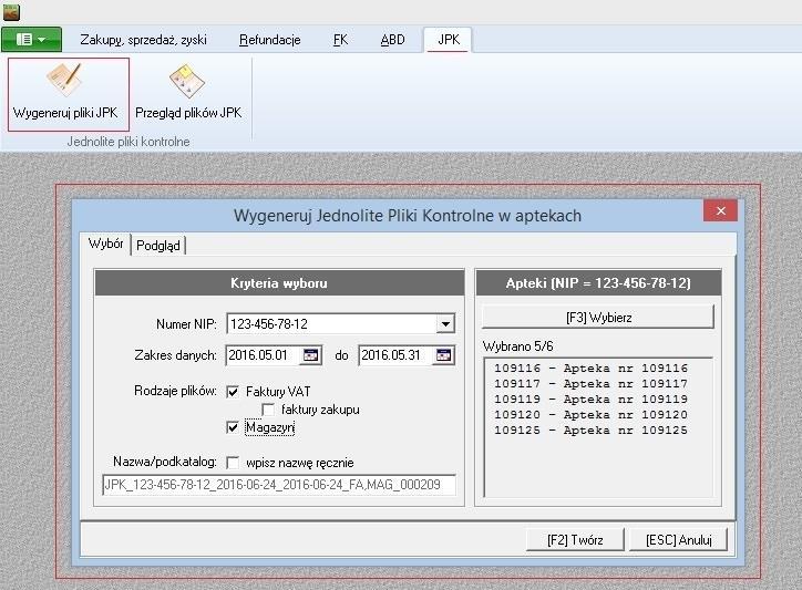 Aby wygenerować plik JPK należy skorzystać z funkcji WYGENERUJ PLIK JPK na zakładce JPK (w module