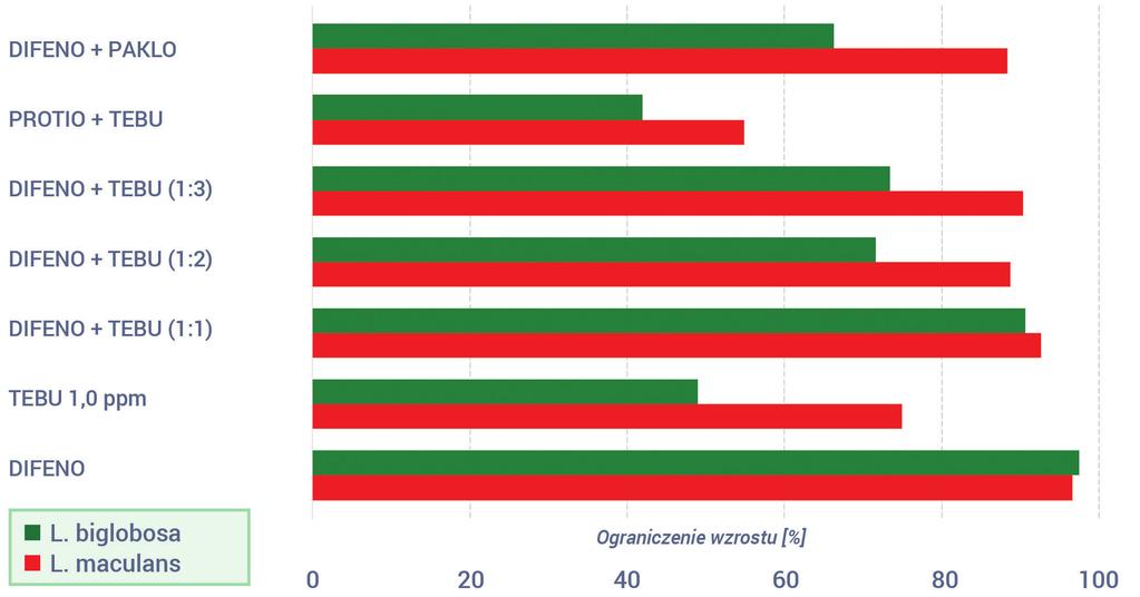 Przykładem unikalnego działania difenokonazolu jest jedna z najwyższych skuteczności na oba szczepy grzyba Leptosphaeria maculans i L.