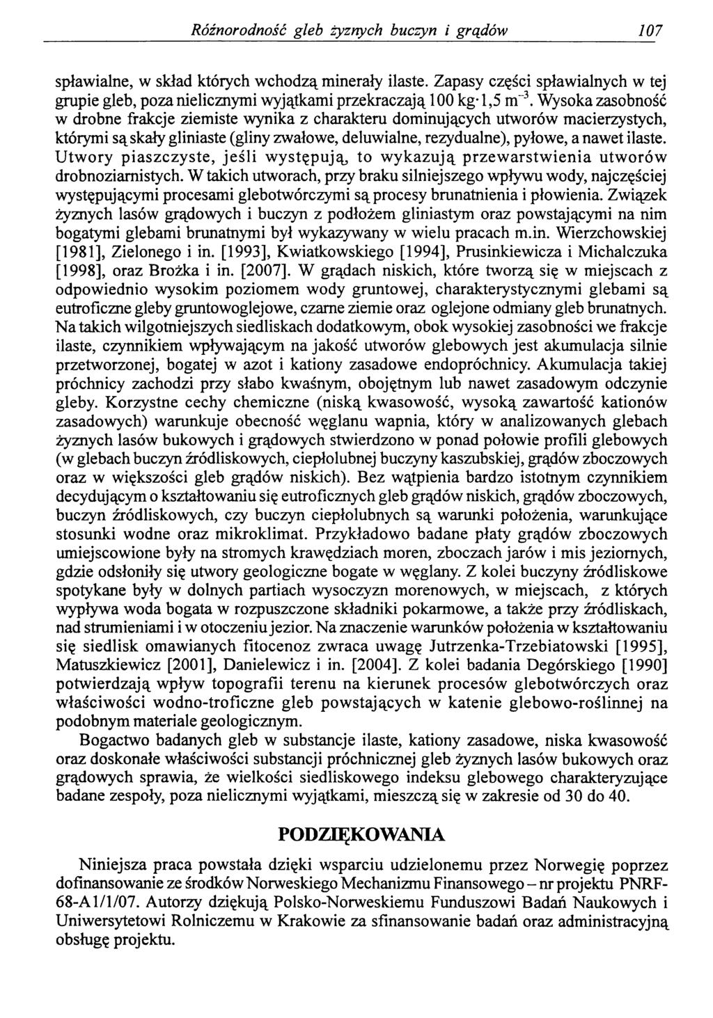 Różnorodność gleb żyznych buczyn i grądów 107 spławialne, w skład których wchodzą minerały ilaste.