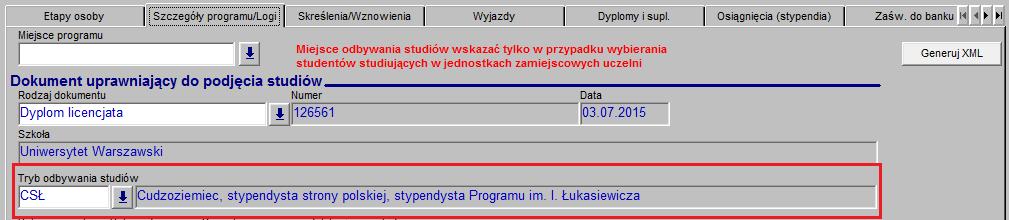 odbywania przez studenta studiów na programie wprowadza się w formularzu Programy osób w zakładce Szczegóły programu/logi (Rysunek 22).