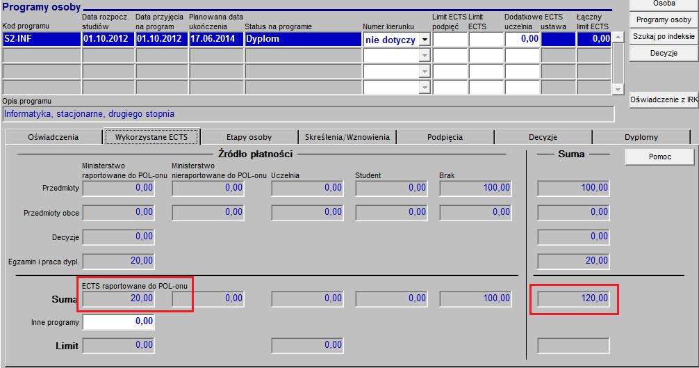 Rysunek 23 Formularz Oświadczenia studenta, zakładka Wykorzystane ECTS Druga zakładka formularza zawiera informacje o wykorzystanych punktach ECTS: za przedmioty z katalogu uczelni, wartość jest