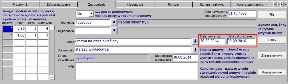 Rysunek 39 Aktualne warunki zatrudnienia pracownika Rysunek 40 Poprzednie warunki zatrudnienia pracownika Dzięki wskazaniu przy eksporcie zakresu zachodzącego na oba warunki zatrudnienia, w