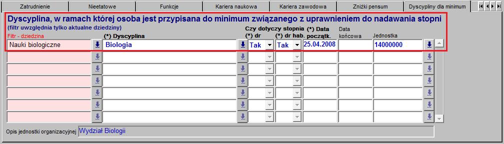 Rysunek 44 Zakładka przypisania do minimum związanego z uprawieniami do nadawania stopni <uprawnadawstop> <instytucjakod>uw/14000000</instytucjakod> <klasdzdysckod>cksst</klasdzdysckod>