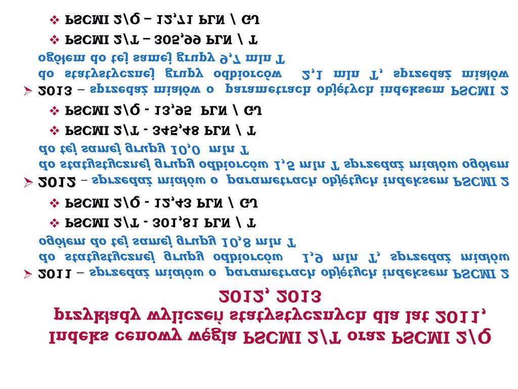 Indeks cenowy wêgla PSCMI 1/Q oraz PSCMI 2/Q - przyk³ady wyliczeñ statystycznych dla lat 2011, 2012, 2013 lata 2011 2012 2013 PCI 1/T [ PLN/T] 249,11 280,51 253,74 Udzia³ indeksu w sprzeda y ogó³em