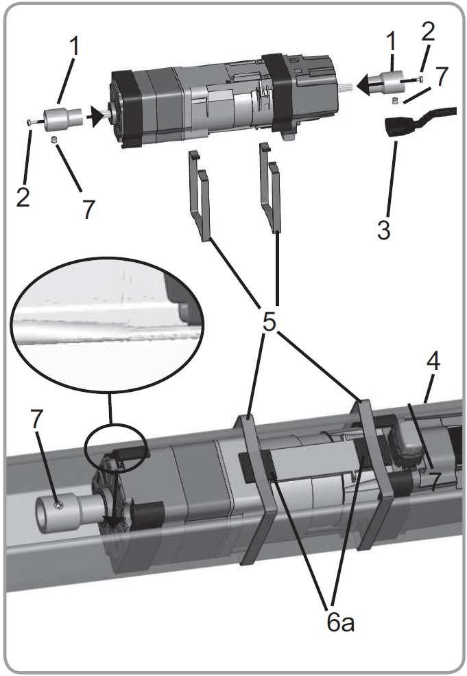 3. Instalacja 3.1 MontaŜ w szynie 57x51 mm oraz 58x56 mm, otwartej od dołu Zamontować na wałku napędowym 2 adaptery pręta (1) uŝywając dwóch wkrętów M3x8 (2).