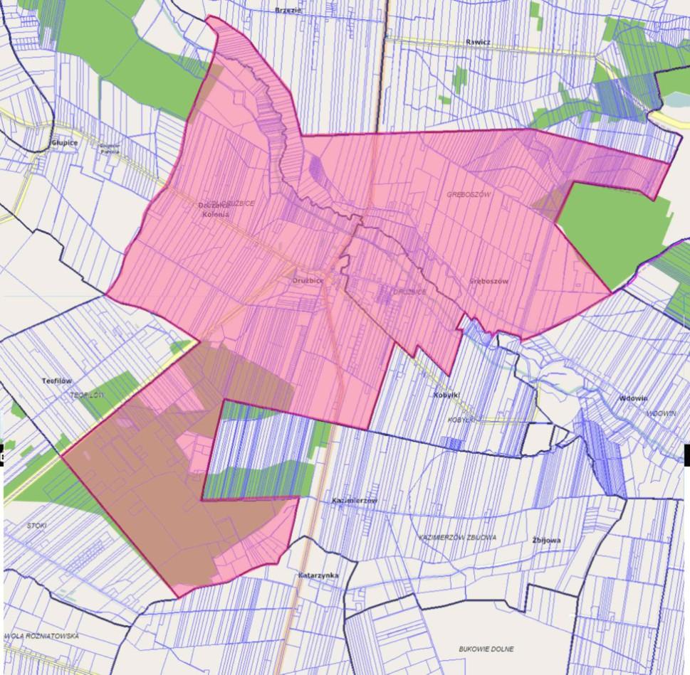 Rysunek 13. Obszar zdegradowany na terenie gminy Drużbice - mapa poglądowa (opracowanie własne). obszar zdegradowany 3.2. Wyznaczenie terenu rewitalizacji.
