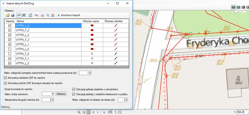 Interfejs ładowarki Dxf/Dwg pozwala na: Wizualne wybieranie warstw do importu poprzez selektowanie ich na mapie za pomocą wskaźnika myszy; Przypisywanie poszczególnym warstwom dowolnego wzorca dla