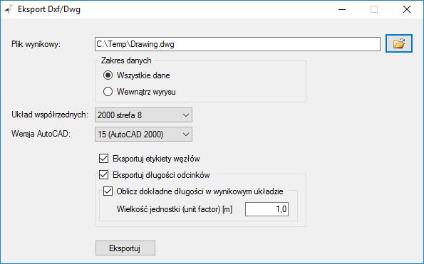 Wybranie formatu: DXF lub DWG oraz wersji Autocad; Eksport wszystkich danych lub podzbioru znajdującego się wewnątrz wyrysu; Eksport wybranych typów obiektów (poprzez wstępne określenie