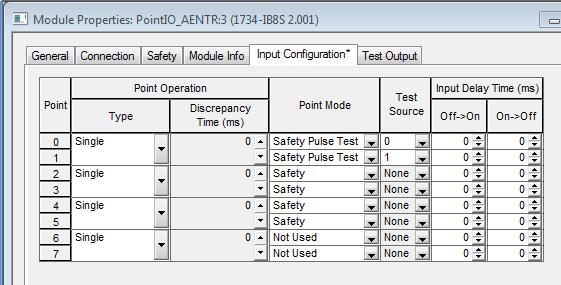 Wejście 4 i 5 Type: Single Mode: Safety Test Source: None do tych wejść podłączony rygiel bezpieczeństwa 440G LZ.