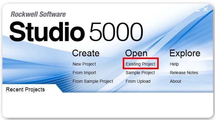 Ćwiczenie 1. Uruchomienie Studio 5000 i przejrzenie wstępnego projektu 1. Uruchom Studio 5000; kliknij dwukrotnie na ikonę Studio 5000 na pulpicie. 2. Z kolumny Open, wybierz ikonę Existing Project.