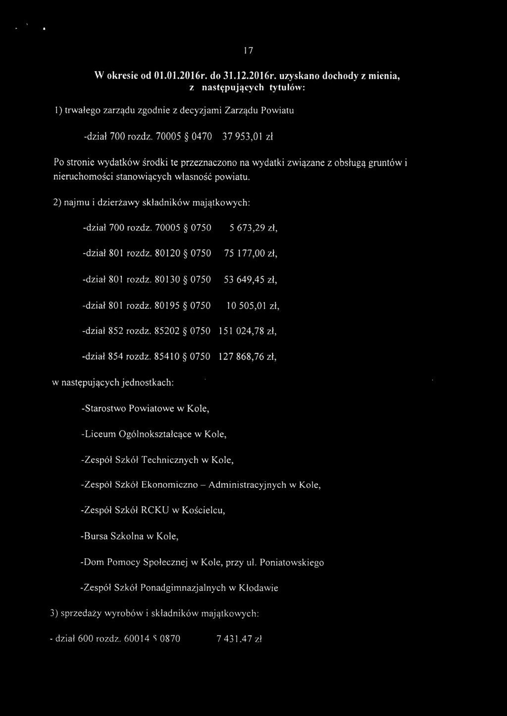 2) najmu i dzierżawy składników majątkowych: -dział 700 rozdz. 70005 0750 5 673,29 zł, -dział 801 rozdz. 80120 0750 75 177,00 zł, -dział 801 rozdz. 80130 0750 53 649,45 zł, -dział 801 rozdz.