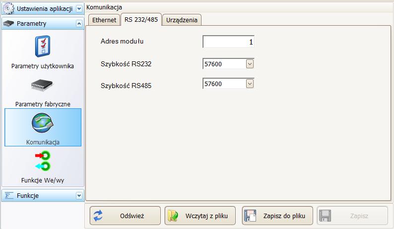 RS 232/485 Opis pola: Rys.14 Okno parametrów komunikacyjnych dla RS485 Adres modułu - Adres wagi w sieci RS485 (w sieci dla każdego urządzenia ustawiamy inny adres), domyślnie ustawiamy wartość 1.
