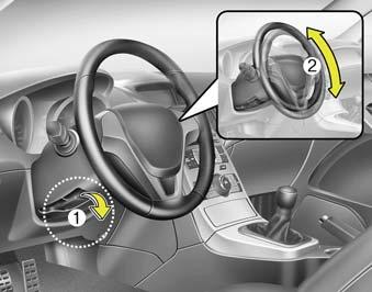 Cechy samochodu Hyundai D130300AEN Ustawianie pochylenia kierownicy Regulacja pochylenia kierownicy pozwala na dopasowanie położenia kierownicy zgodnie z wymaganiami kierowcy.