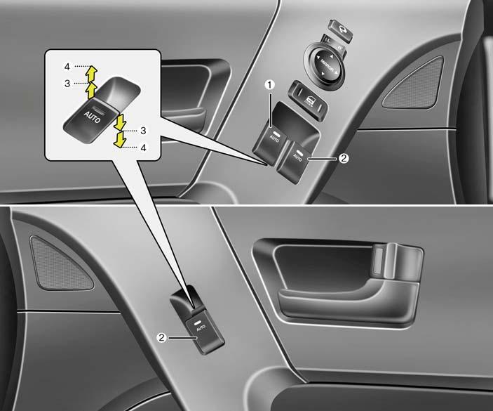 Cechy samochodu Hyundai SZYBY D080000ABK (1) Przełącznik elektrycznego podnośnika szyby w drzwiach kierowcy (2) Przełącznik elektrycznego podnośnika szyby w drzwiach przedniego pasażera (3)